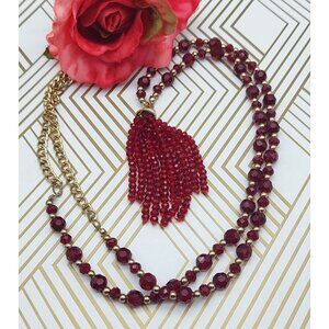 Long Red Glass Bead & Gold Tone Strand Tassel Pendant Necklace 38" Long